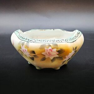 Antique Nippon Hand-Painted Rose Footed Bowl Moriage Scalloped Dish